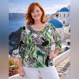 Womens Size Large Green, Yellow, Black, White Swirl Pattern Stretchy Top N Touch